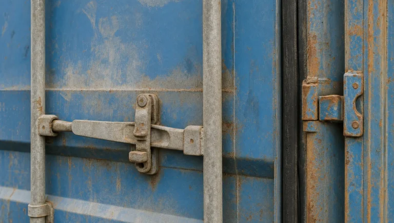 Close-up of a used Conex container door locking assembly and seals, showing the hardware buyers inspect before purchase.