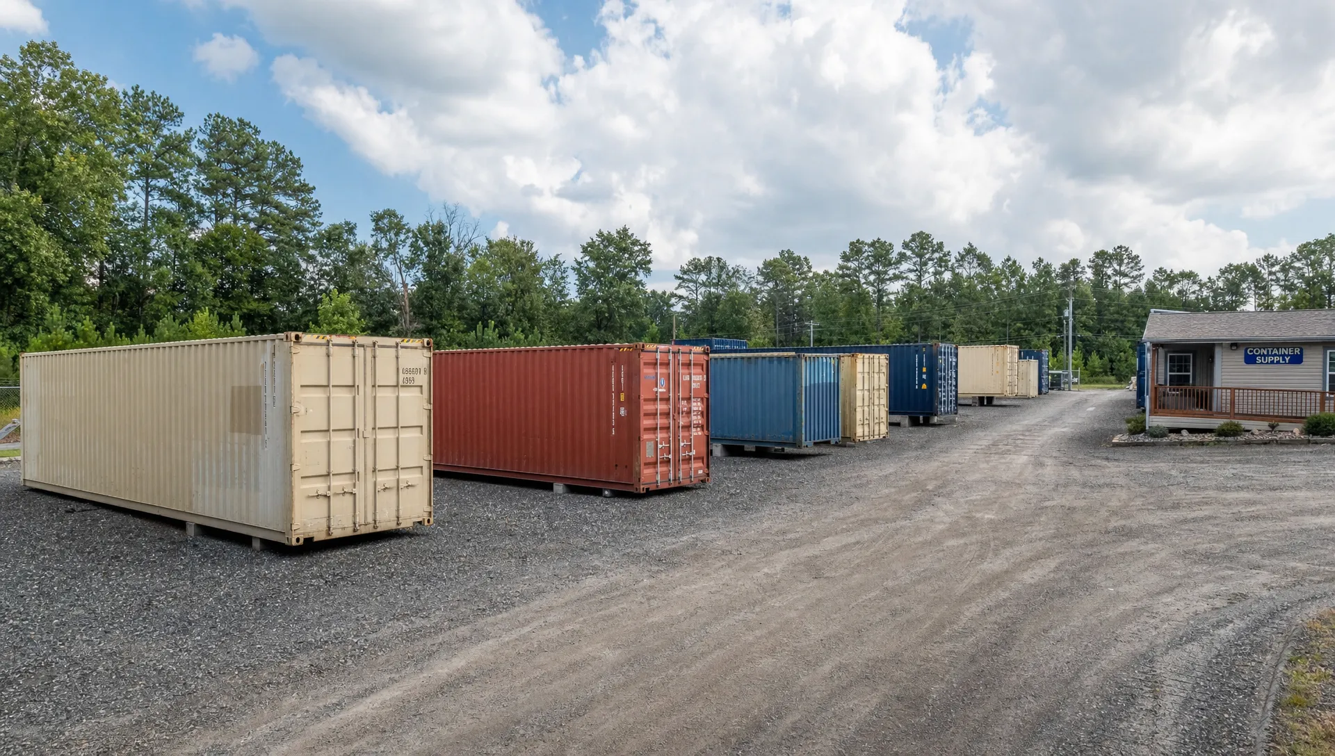 Raleigh container yard with used containers on gravel pads and a clear delivery lane.