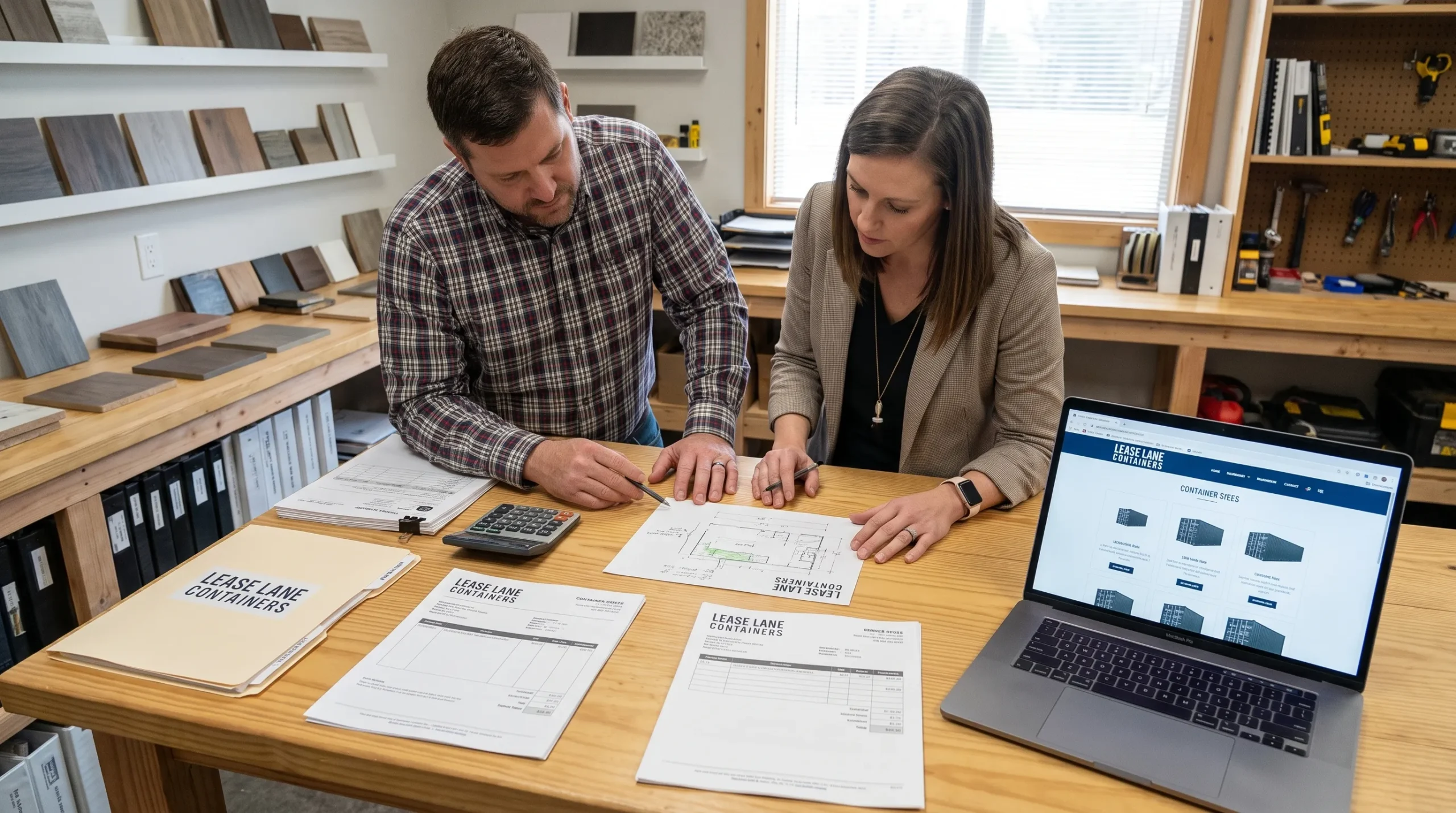 Two adults review a container quote and site sketch at a Raleigh office table.
