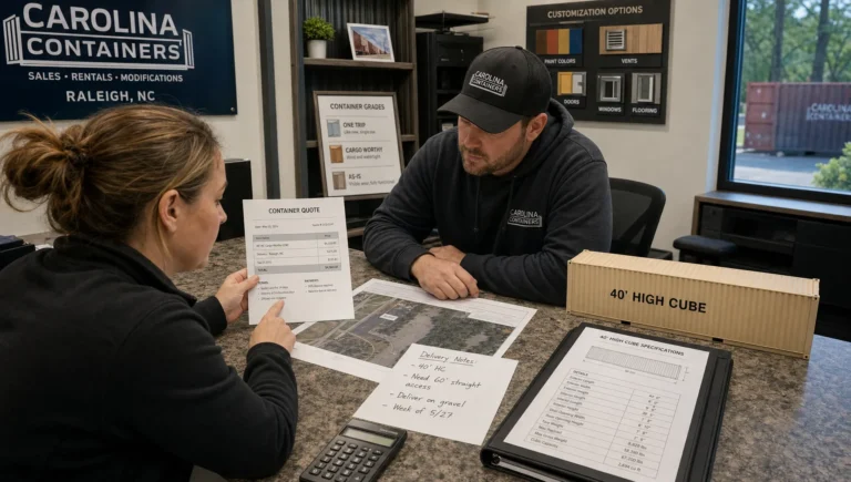Two adults review a shipping container quote and delivery notes at a Raleigh sales counter.